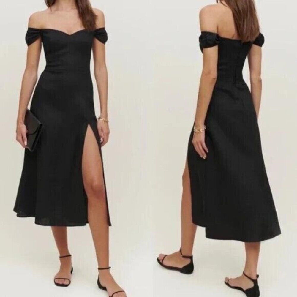Reformation Bridgton Linen Dress off the shoulder Midi